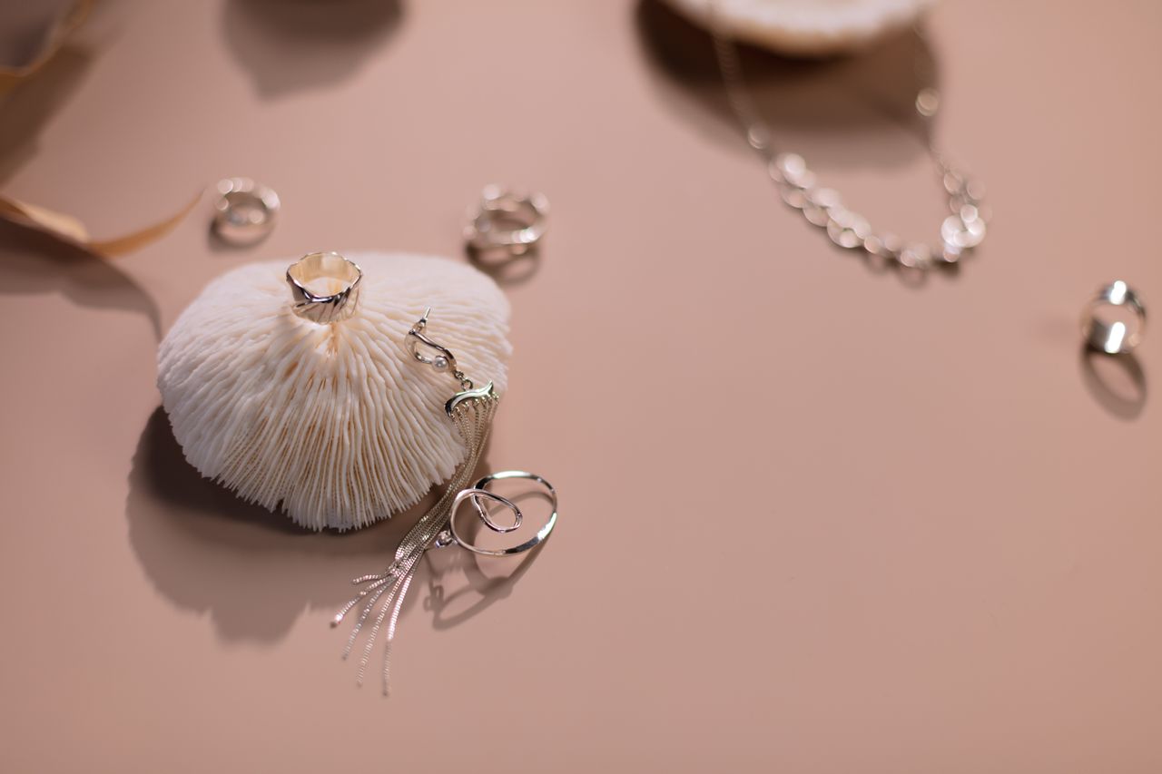 Services Stylish silver rings and necklace displayed artfully on a soft pink background.